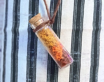 ORANGE YELLOW MOSS necklace, adjustable, dried flower bottle necklace, dried moss, dried flowers in bottles, adjustable cord, reindeer moss