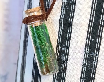 GREEN MOSS NECKLACE, adjustable, dried flower bottle necklace, dried moss, dried flowers in bottles, adjustable cord, reindeer moss