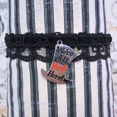 Handmade Alice in Wonderland Choker: Black Lace Mad Hatter Necklace