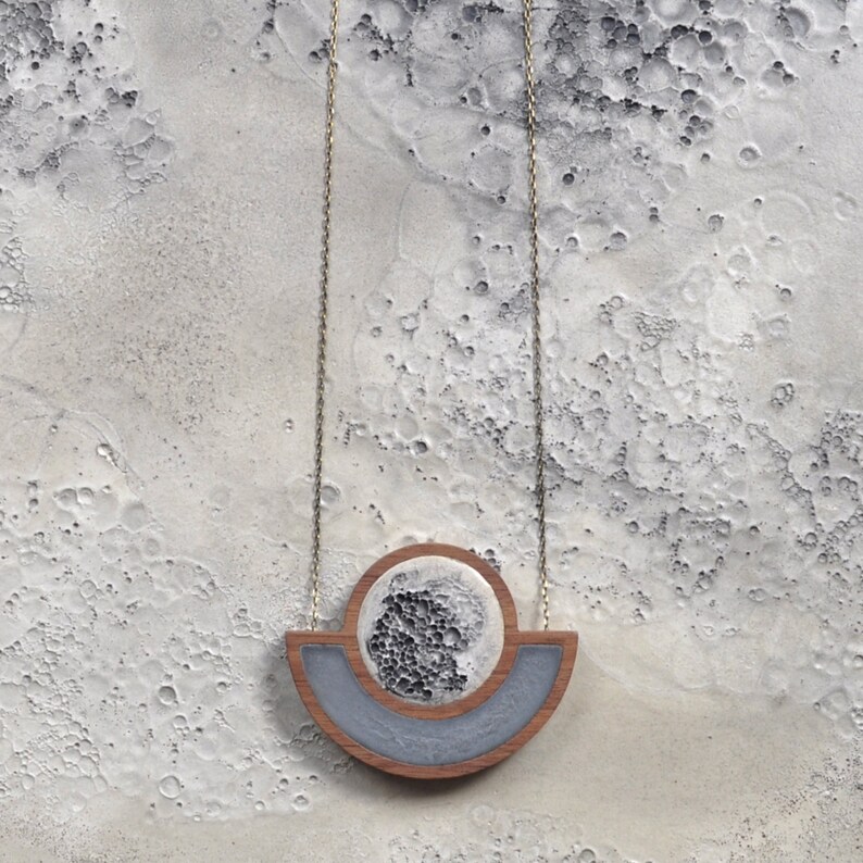 MOON Statement Necklace Voyager Moon Necklace 3-D Moon Texture Walnut and Concrete image 3