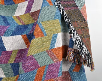 Colorful abstract woven geometric cotton throw, burnt orange chevron afghan, midcentury modern decor, rainbow blanket, herringbone pattern