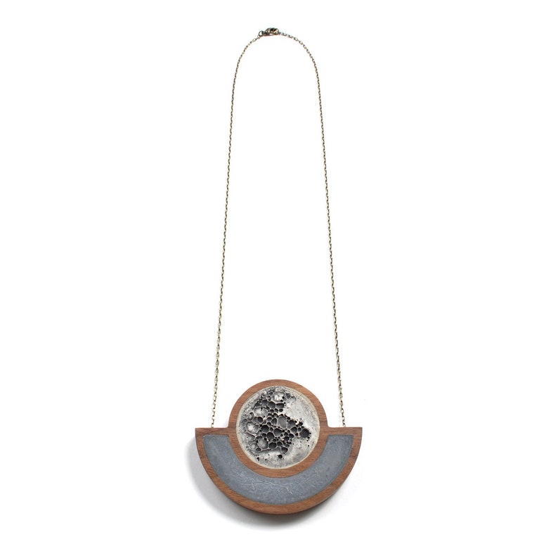 MOON Statement Necklace Voyager Moon Necklace 3-D Moon Texture Walnut and Concrete image 1