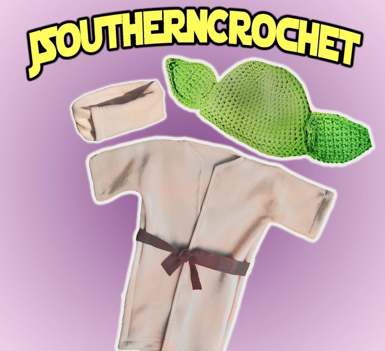 Puede incluir: Un gorro de Yoda tejido a crochet en verde con una bata de forro polar blanco y una diadema de forro polar blanco. El gorro tiene orejas grandes y est&aacute; hecho con hilo verde. La bata tiene un cintur&oacute;n marr&oacute;n y est&aacute; hecha con tejido de forro polar blanco. La diadema est&aacute; hecha con tejido de forro polar blanco.