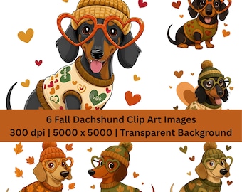 秋のダックスフントのクリップアートバンドル、秋の犬のPNG、ウィンナー犬のクリップアート、居心地の良いダックスフントのPNG、秋の昇華デザイン、デジタルダウンロード、dtf png、png