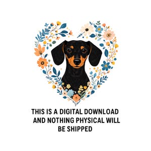 Puede incluir: Ilustraci&oacute;n digital de un perro salchicha negro y canela dentro de una corona floral en forma de coraz&oacute;n. La corona presenta flores y follaje azules, naranjas y amarillos. El texto en la parte inferior dice: "ESTA ES UNA DESCARGA DIGITAL Y NO SE ENVIAR&Aacute; NADA F&Iacute;SICO."