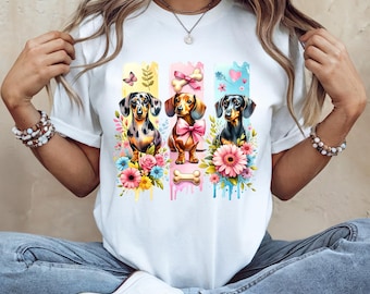 Coup de pinceau teckel png, conception de chemise teckel png, sublimation florale printanière png, cadeau maman chien, DTF png, teckel png, tendance png