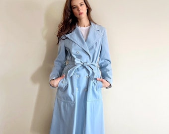Vintage 1970s icy blue long trench coat. 70s classic spring jacket.