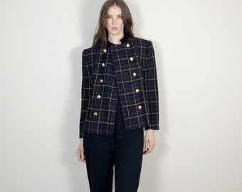 Vintage 90s wool double breasted plaid blazer. Military inspired 1990s wool blazer