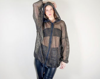 Vintage 90s mesh oversized hoodie. 1990s black mesh with gold metallic thread cover-up.