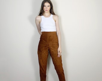 Vintage suede high rise pants, 1990s leather high waisted trouser pants. Size Small, waist 26",  Size 2