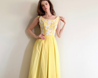 1960s yellow maxi garden party dress. Mid century wedding guest dress.