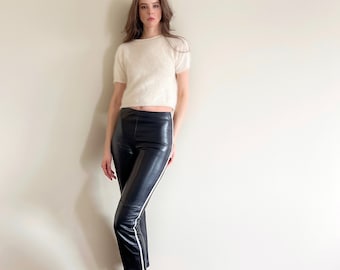 Vintage 2000s Black real leather low/mid rise pants with white side stripe. XS 26