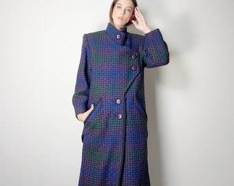 Vintage 80s wool coat. multi color tweed wool coat with kick pleats. Medium. Unique bright parka.