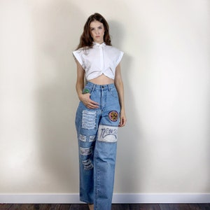 Vintage 90s high waisted patch jean. High Rise 1990s fly girl retro mom jeans. image 1