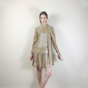 60s scooter party dress. 1960s gold mod pleated drop waist dress. Vintage retro gold glam go go dress. 60s mini hippie dress. image 1