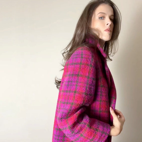 Vintage 60s 70s tweed plaid coat in magenta purpl… - image 1