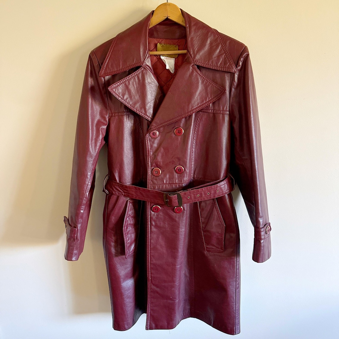 Medium 1970s Trench Coat Mustard Leather Overcoat
