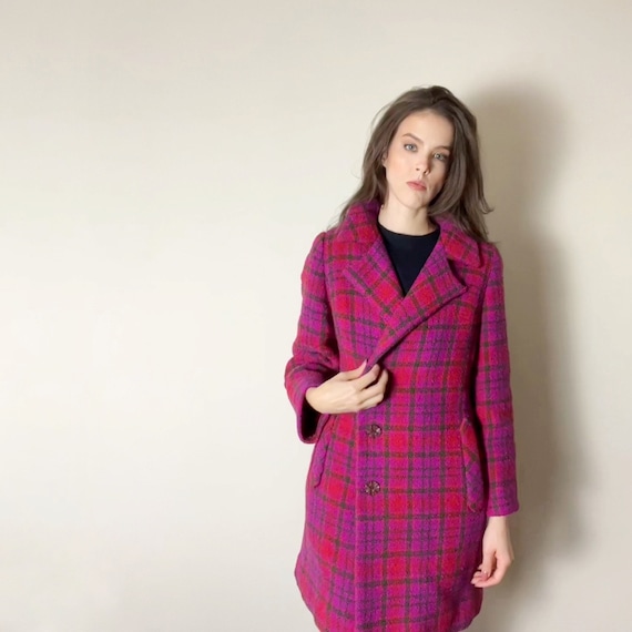 Vintage 60s 70s tweed plaid coat in magenta purpl… - image 2