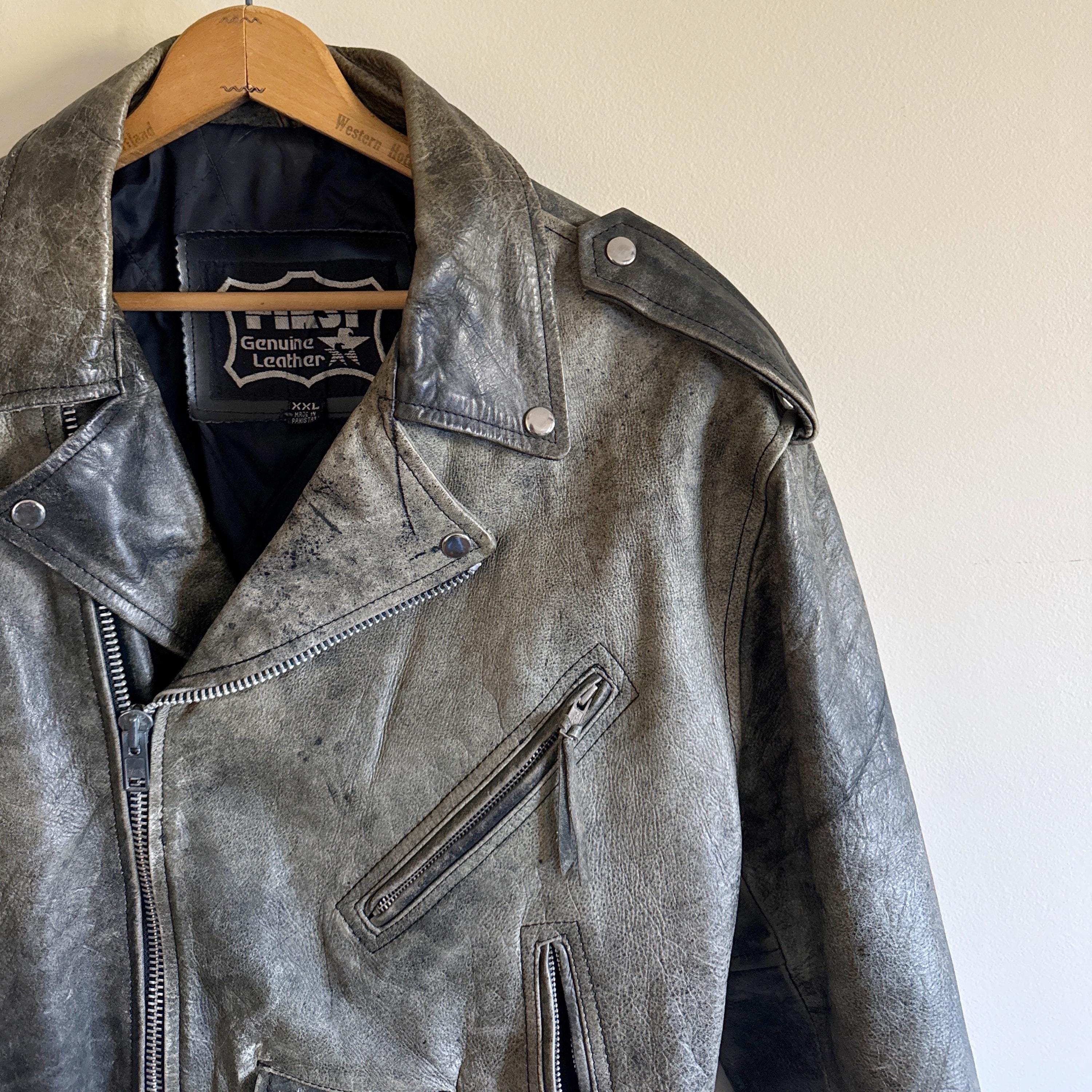 90s Grey Leather Moto Jacket – Vintage Acid Wash Biker Coat