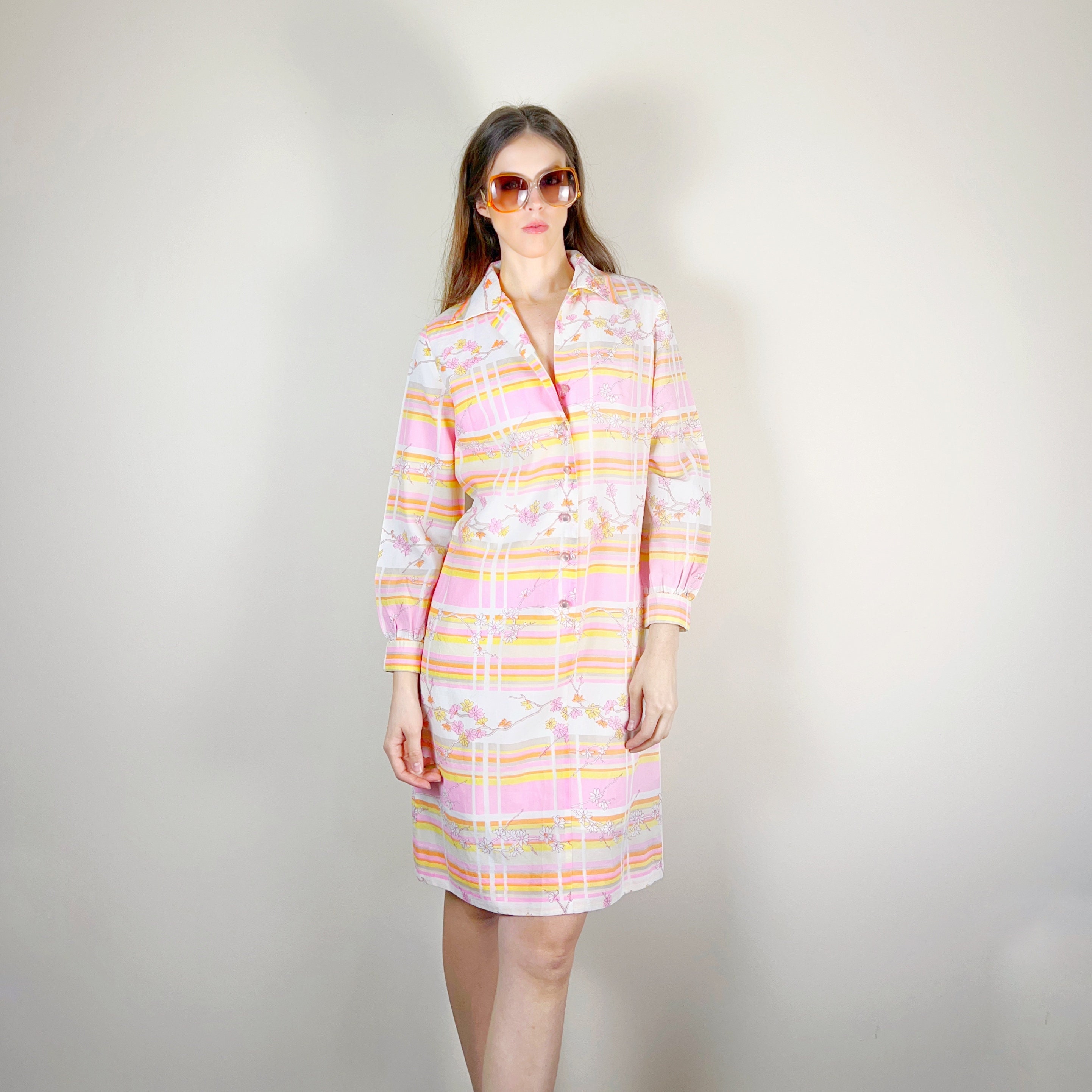 70s Pastel Floral Stripe Shirt Dress – Vintage Spring Dress