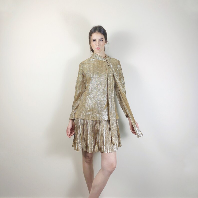 60s scooter party dress. 1960s gold mod pleated drop waist dress. Vintage retro gold glam go go dress. 60s mini hippie dress. image 1