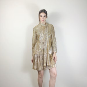 60s scooter party dress. 1960s gold mod pleated drop waist dress. Vintage retro gold glam go go dress. 60s mini hippie dress. image 2
