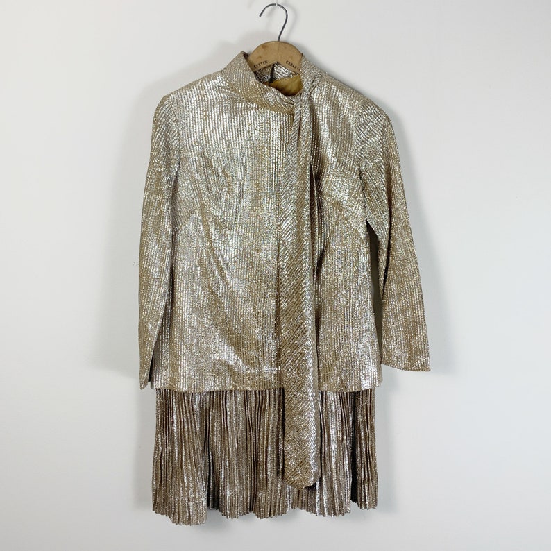 60s scooter party dress. 1960s gold mod pleated drop waist dress. Vintage retro gold glam go go dress. 60s mini hippie dress. image 3