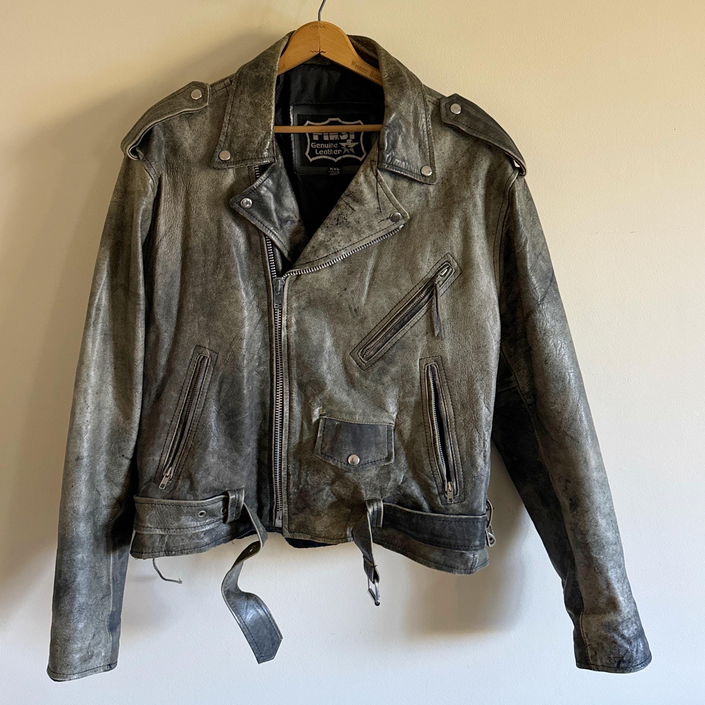 90s Grey Leather Moto Jacket – Vintage Acid Wash Biker Coat