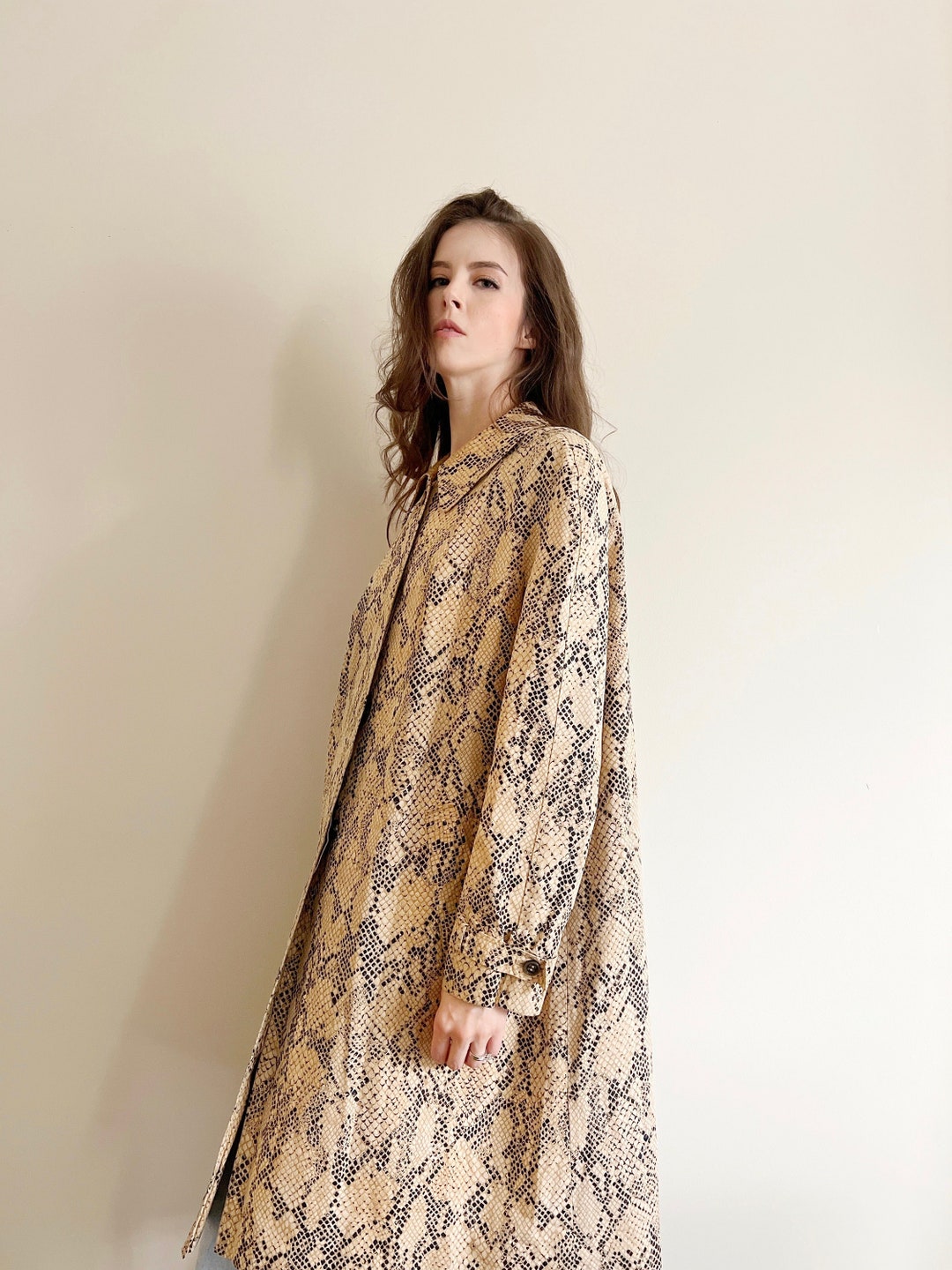 Vintage Snake Print Trench Coat Neutral Tone Lightweight Rain Jacket ...