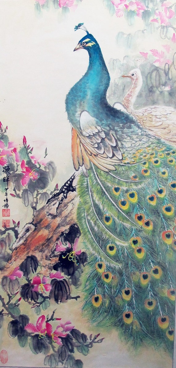 Beautiful Peafowl Original Chinese Watercolor Painting Nature | Etsy