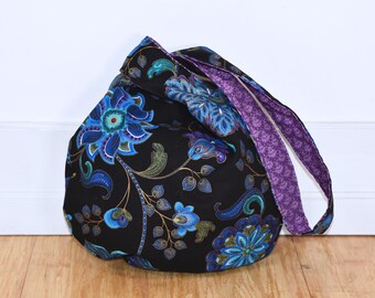 Reversible Japanese Knot Bag - Arabian Nights and Purple Scallops - Medium