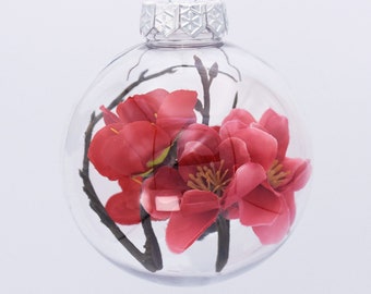 Set of 4 Cherry Blossom Christmas Baubles - in Red and White