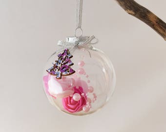 Set of 4 Pretty Pastels - Roses, Pearls and Tree Charm Christmas Bauble - in Pink