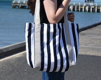 Large Navy and White Stripe Beach Bag Tote Bag