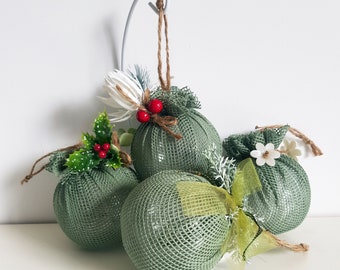 Set of 4 Handmade Green Mesh Christmas Baubles