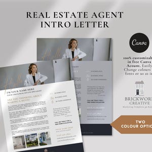 May include: A real estate agent introduction letter template with a grey background and gold accents. The template features a photo of a woman in a white blazer and a text box with the words "I'm your name here, your area real estate specialist. Are you thinking about making a move?" The template also includes a call to action to "Call me today for a free home evaluation".
