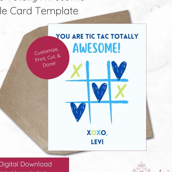 Editable Blue Tic Tac Totally Awesome Valentine's Day Cards, Happy Valentine's Day Card, School Valentine Tag, Printable Valentine Card