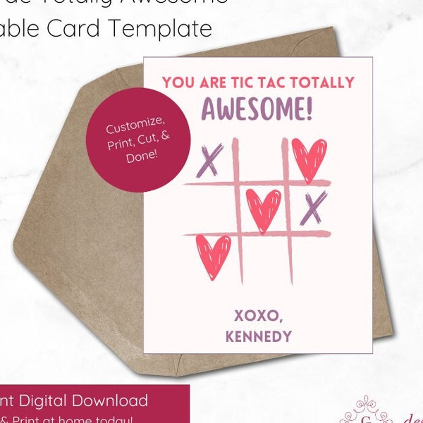 Editable Tic Tac Totally Awesome Valentine's Day Cards, Happy Valentine's Day Card, School Valentine Tag, Printable Valentine Card