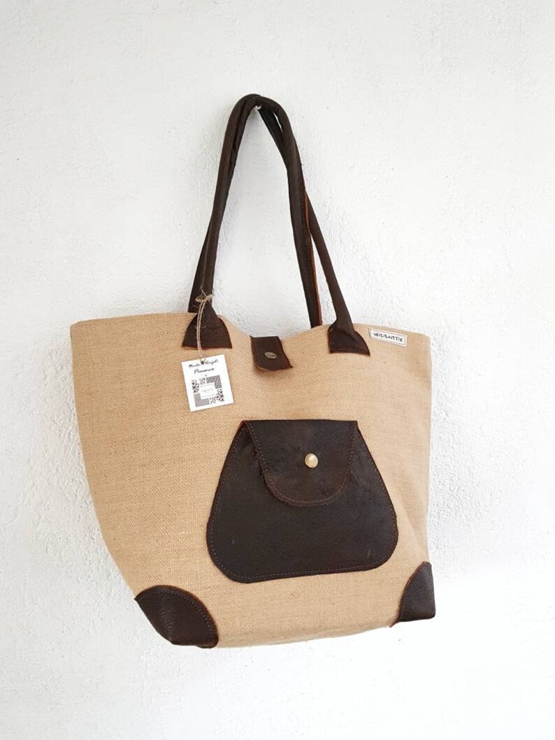 Natural burlap and leather tote bag