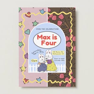 Puede incluir: Una invitación colorida con el texto "Max is Four" en rojo. El diseño incluye conejos de dibujos animados, estrellas, corazones y un borde decorativo. La invitación también incluye la fecha, la hora y el lugar del evento.