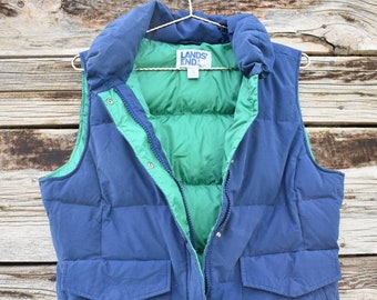 Retro Vintage 1980s / 1990s Land's End Down Puffer Vest - Navy Blue and Green