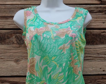 Vintage 1970s Tropical Print Nylon Tank Top - Green and Pink