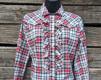 Vintage 1970s Plaid Ruffled Blouse by Rhoda Lee - Cream, Red and Blue