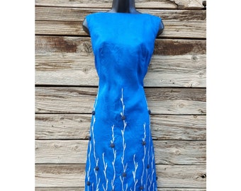 Vintage 1960s Blue Sheath Dress with Embroidered Botanical Details by James S Lee & Co