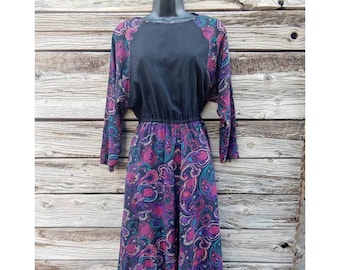 Handmade Vintage 1980s Western Dress - Black and Purple Paisley