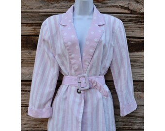 Vintage 1980s Stripe and Dot Statement Belted Blazer by Penbrooke Lane - Pink and White