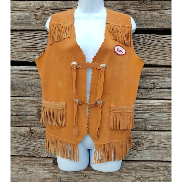 Vintage 1960s / 1970s Deer Leather Fringed Vest with Patches