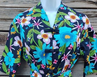 Vintage 1960s Belted Floral Hawaiian Dress by Kamehameha - Black, Blue, and Green