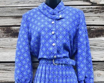 Vintage 1980s Blue Western Style Belted Print Dress by Breli Originals