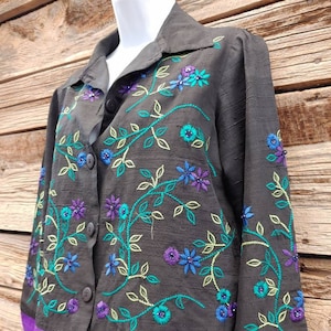 Retro Vintage 1990s Coldwater Creek Beaded Floral Jacket, Blouse or Overshirt Black and Purple image 1